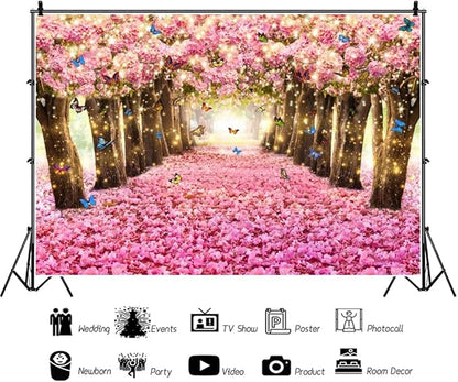 Renaiss 7x5ft Pink Cherry Blossom Backdrop Fairy Tale Romantic Pink Flowers Tree Butterfly Floral Petal Falling Boulevard Photography Background for Wedding Newborn Party Decor Photo Props