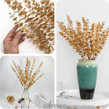 CATTREE Faux Gold Eucalyptus, Artificial Plastic Golden Plants 30" Tall 2 Pack, Christmas Decorations Fake Shrubs for Wedding Hotel Hall Party Indoor Home Table Centerpieces DIY Decor Planting Filler