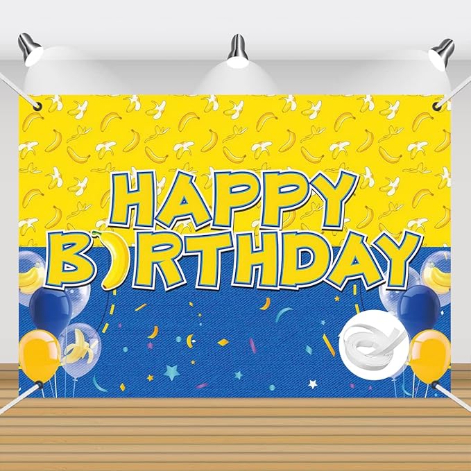 Birthday Party Backdrop Banner, Yellow and Blue Design with Balloons, 59.1 x 39.4 inches, Photo Background with 32ft Ribbon