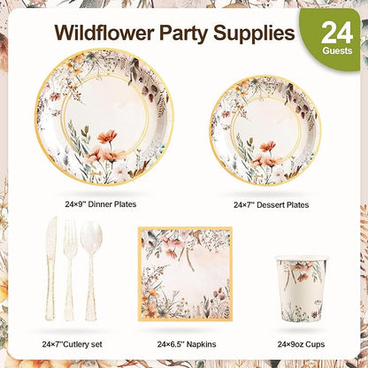 Spring Wildflower Party Decorations,Wildflower Birthday Decorations,Floral Paper Plates and Napkins Sets- Plates,Cups,Napkins,Cutlery for Baby Shower Birthday Bridal Shower Decorations,Serves 24