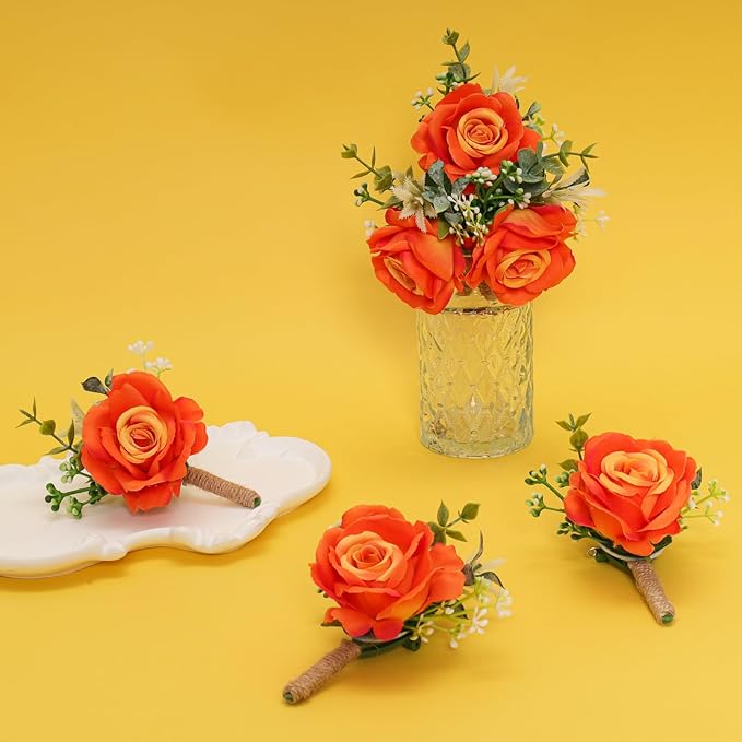 Burnt Orange Rose Boutonniere for Men Wedding Set of 6 Groom Groomsmen Best Man Artificial Flowers Boutonniere for Wedding Ceremony Anniversary Prom Flowers Formal Dinner Party (Orange)
