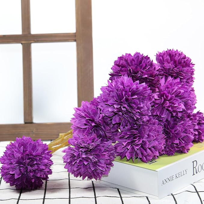 Tinsow 12 Pcs Artificial Flowers Purple Faux Ball Chrysanthemum Bouquet Flowers Wedding Bouquet for Home Garden Party Wedding Decoration