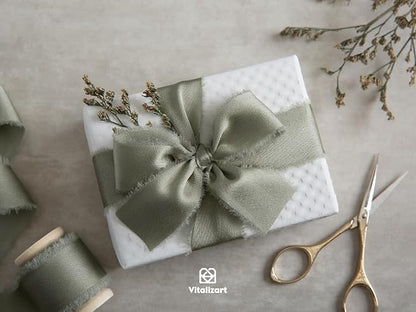 Vitalizart Dusty Sage Green Silk Satin Ribbon 1 Inch x 15 Yard Handmade Frayed Chiffon Ribbon with Wooden Spool for Gift Wrapping, Wedding, Bridal, Flower Bouquets, Home Decor
