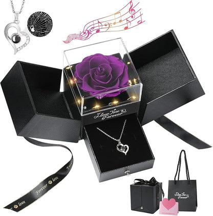 Emibele Preserved Rose Gifts for Women, Eternal Flower Rose Box with Heart Necklace, Romantic I Love You Gifts for Her Women Wife Mom Grandma on Valentines Mothers Day Birthday Anniversary