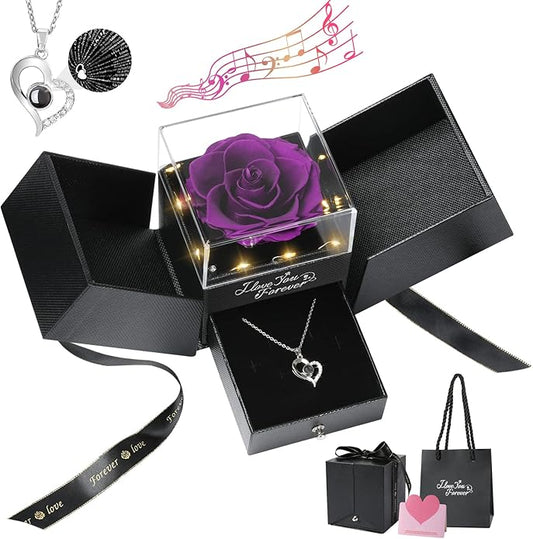 Emibele Preserved Rose Gifts for Women, Eternal Flower Rose Box with Heart Necklace, Romantic I Love You Gifts for Her Women Wife Mom Grandma on Valentines Mothers Day Birthday Anniversary