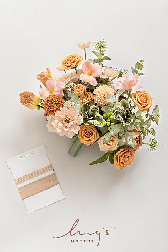 Ling's moment Peach Wedding Bouquets for Bride, Apricot Bridal Bouquets for Bride,15 Inch Free Form Artificial Wedding Flower Bouquet