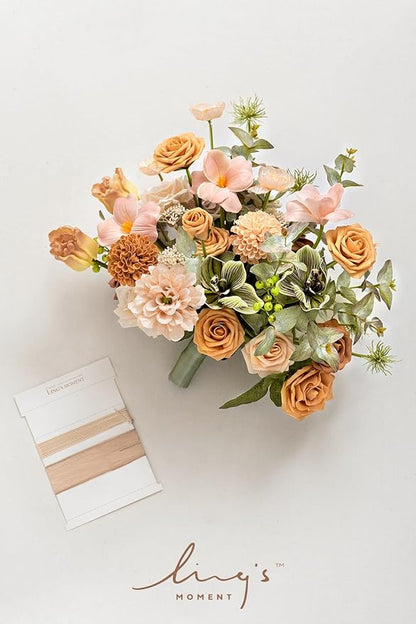 Ling's moment Peach Wedding Bouquets for Bride, Apricot Bridal Bouquets for Bride,15 Inch Free Form Artificial Wedding Flower Bouquet