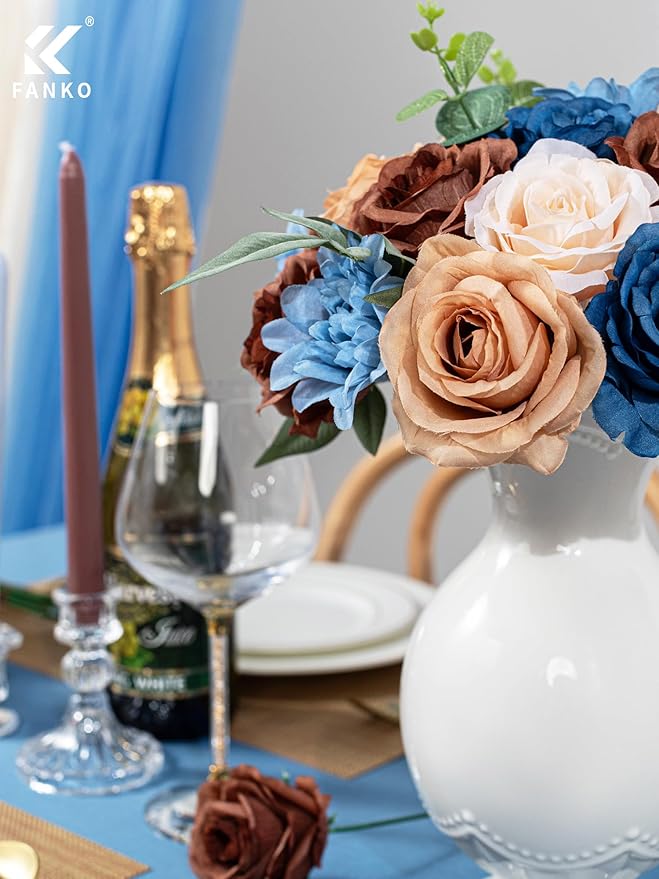 FANKO Artificial Flower Fake Rose Combo, 5 Mixed Silk Flowers Bouquet Dark & Light Brown Cream Roses, Blue Dahlia for DIY Wedding Bridal Bouquets/Centerpieces/Home Decorations