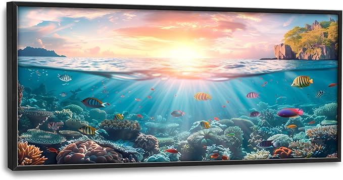 Ocean Fish Large Wall Art Framed Wall Decor for Living Room, Ocean Sunset Pictures Oversized Canvas Print Painting Modern Extra Large Framed Artwork for Bedroom Office Home Decor 60"x30"