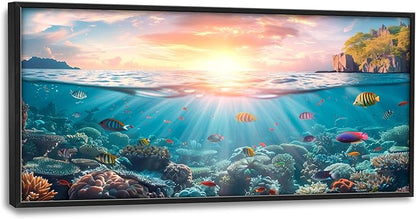 Ocean Fish Large Wall Art Framed Wall Decor for Living Room, Ocean Sunset Pictures Oversized Canvas Print Painting Modern Extra Large Framed Artwork for Bedroom Office Home Decor 60"x30"