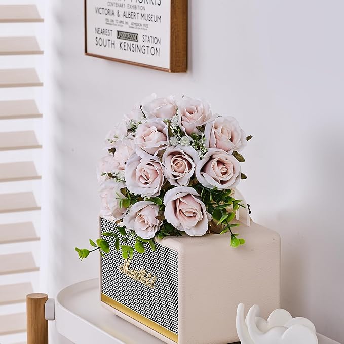 Wedding Bouquets Large for Bride, Bridal Silk Artificial Flowers 14pcs Pink Champagne Roses 10 in Fake Flowers for Wedding Party, Ceremony, Anniversary & Home Decor(Come with 4 kinds of Ribbons)