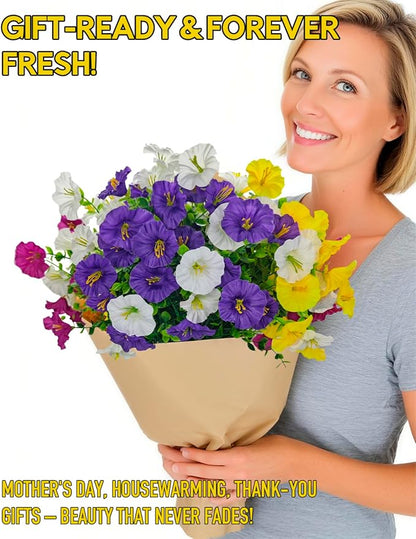 12 Bundles Artificial Flowers for Outdoors UV Resistant with Eucalyptus - Realistic Silk Fake Flowers Outside for Window Box Planter Hanging Basket, Faux Plants for Home Porch Garden Yard Décorations