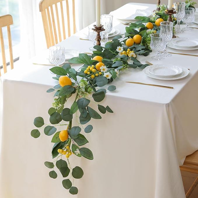Mizii Artificial Lemon Garland 6FT Fake Fruit Lemons Garland with Green Eucalyptus Leaves Hanging Vines Greenery Decorations for Kitchen Table Centerpieces Room Wall Party Birthday Decor (Eucalyptus)