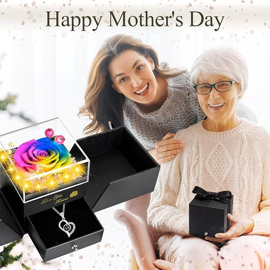 Preserved Real Rose-Eternal Flowers Rose Mothers Day for Mom Women Her Wife Girlfriend on Birthday Valentines with I Love You Necklace 100 Languages Romantic Gift (Color)