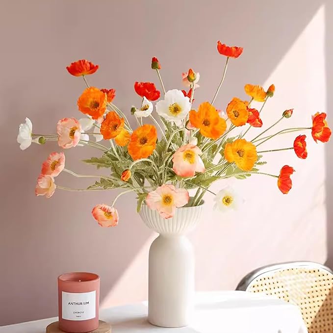2 Pcs Artificial Fake Flowers Poppies Silk Flower Arrangements Wedding Bouquets Decorations Plastic Floral Table Centerpieces for Home Kitchen Garden Party Decor Approx 23.6" High - Light Orange