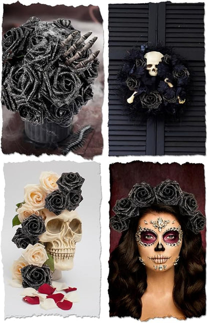 N&T NIETING Artificial Flowers Glowing Black Flowers Foam 50pcs Glitter Roses Real Looking Fake Roses with Stem for DIY Wedding Bouquets Centerpieces Bridal Shower Party Home Decorations