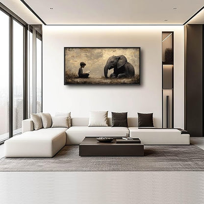 Elephant Large Wall Art Boy Reading Pictures Wall Decor Animal Canvas Elephant Print Painting Modern Artwork Home Decoration for Living Room Bathroom Bedroom Office Framed 60"x30"