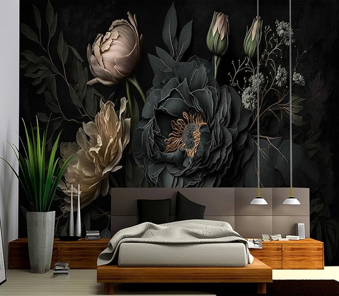 Eierme-Mysterious Black Peony Mural Wallpaper Peel and Stick 90" x 67"