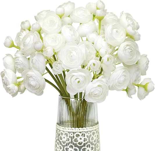 Letjolt Ranunculus Artificial Flower White Silk Flowers Faux DIY Bouquet for Wedding Engagement Centerpieces Arrangements Bridal Shower Decorations Home Decor 18pcs