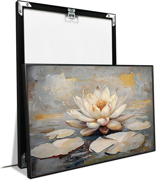 Ethereal white lotus floating on Crystal Waters poster vintage oil painting printwall art soft blush and gold accents serene home and office decor dreamy 24x36in Metal blackFramed