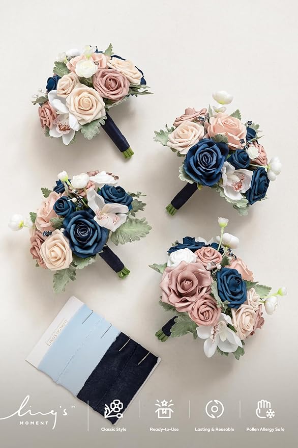 Ling's moment Artificial Flowers Dusty Rose Pink & Navy Blue Bridesmaid Bouquet Set of 4, Wedding Flowers Bouquets for Bridesmaids, 7 Inch Bridal Bouquets for Bridesmaids, Wedding, etc