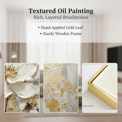Large Hand Painted Flower Oil Painting for Ofiice-3D White Floral Canvas Wall Art for Bedroom- Framed Modern Artwork for Living Room Home Decoration 32x48inches