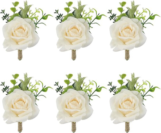 Meldel Boutonniere for Men Wedding, Set of 6, Artificial Champagne Rose Flower Corsage for Groom and Best Man, Ceremony Anniversary Formal Dinner Party, Fall Vintage Rustic Marriage Prom Decor