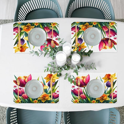 Spring Beautiful Flower Placemats Set of 4 PVC Vinyl Non Slip Table Mats Waterproof Heat Resistant Place Mats Washable Wipeable Dining Table Mat for Kitchen Party Indoor Outdoor Decorative