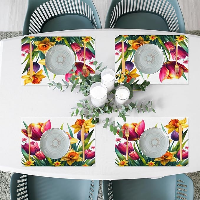 Spring Beautiful Flower Placemats Set of 1 PVC Vinyl Non Slip Table Mats Waterproof Heat Resistant Place Mats Washable Wipeable Dining Table Mat for Kitchen Party Indoor Outdoor Decorative