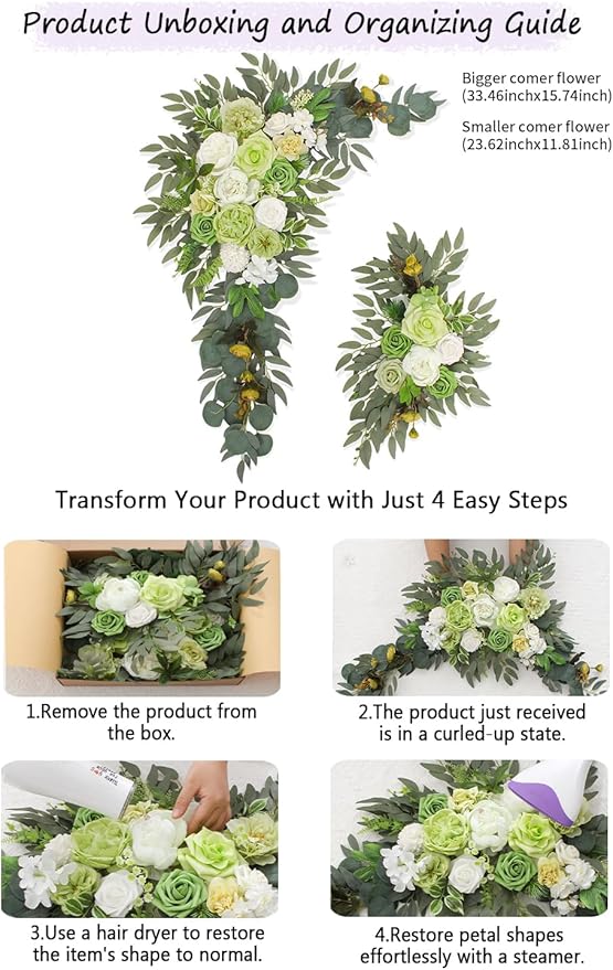 Artificial Flowers Wedding Arch Decor Arch Flowers (Set of 2) for Wedding Welcome Sign and Backdrop Decoration (Green)