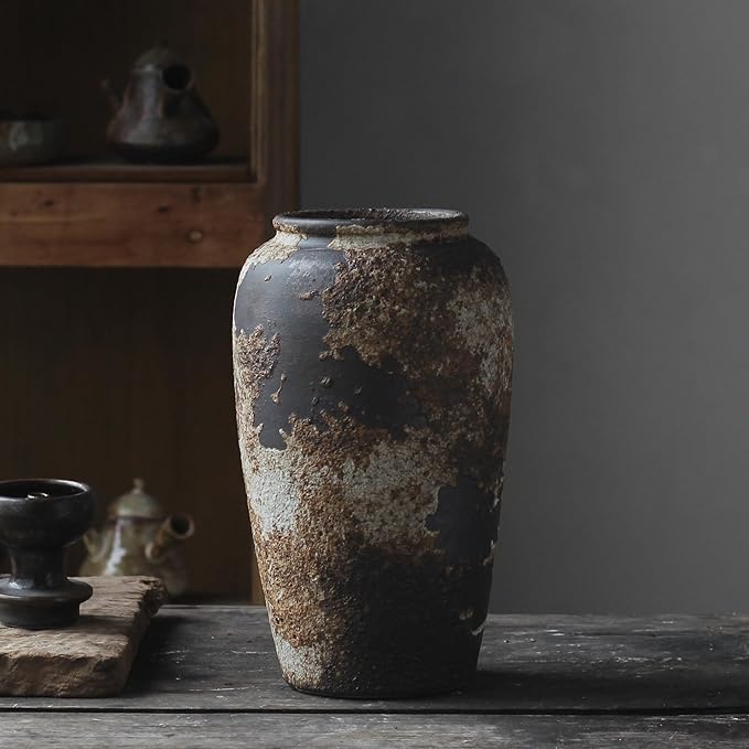 Denique Rustic Vase for Home Decor, Farmhouse Terracotta Vases, Large Ceramic Vase for Living Room Decor, Black Pottery Vase Large Clay Vase, Rustic Farmhouse Tabletop Decor(C-29cm)