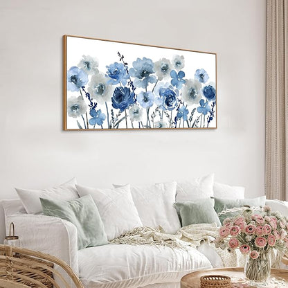 Framed Flowers Canvas Wall Art - Indigo Floral Canvas Pictures Living Room Wall Decor Botanical Canvas Prints Painting Abstract Artwork Bedroom Office Home Decor 20"x 40"