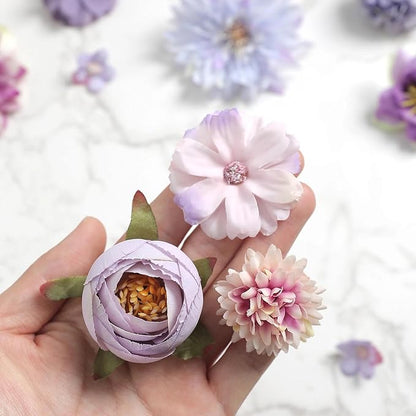 Artificial Flowers Heads Combo Purple Flowers Mix Silk Flowers Heads Bulk Faux Rose for Craft Garland Graduation Cap Wedding Bridal Baby Shower Home Party Decoration DIY Cake Decor