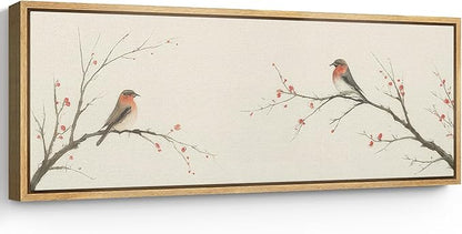 SIGNFORD Large Framed Canvas Print Wall Art Minimalist Birds on Branches with Red Berries Illustrations Modern Art Relax/Calm Warm for Living Room, Bedroom, Office - 60"x20"