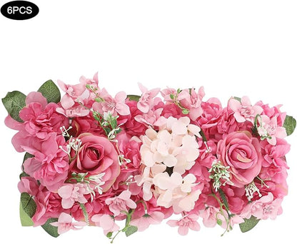 Flower Wall Panel Backdrop, 6pcs 20 X 8 Inch Artificial Floral Panels, Dahlia + Peony + Rose, 3D Fake Silk Flower Backdrop for Wedding Party Dining Table Centerpiece Decorations (Purple and Pink)