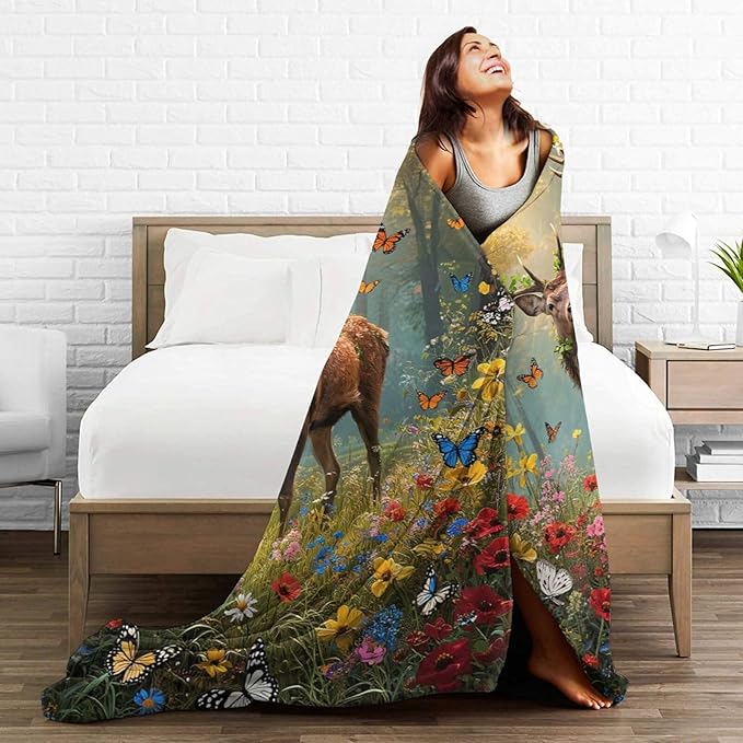 Forest Deer Blanket Hunting Elk Throw Blanket Wildlife Soft Cozy Fleece Fuzzy Stuffed Plush Flannel Gifts for Girls Women Boys Kids Adults 60"X80"