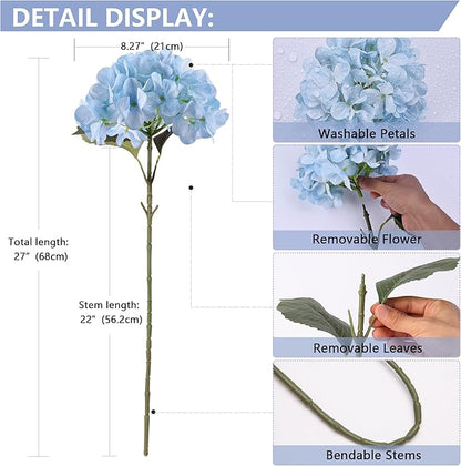 4 Pcs Long Stem Big Size Artificial Hydrangea Flowers for Home Wedding Decor, Party Centerpieces, Office Decoration,Shower (Sky Blue)