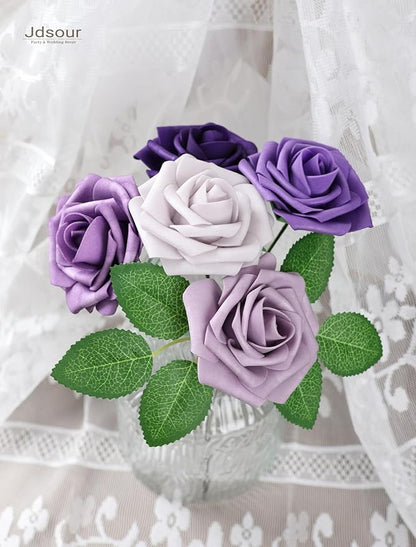 25pcs Artificial Flower，Real Looking Foam Roses w/Stem for DIY Wedding Bouquets Centerpieces Bridal Shower Party Decor-Shades of Series Purple