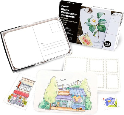 Funto Blank Watercolor Paper Postcards, 100% Cotton, 28 Cards+2 Watercolor Stamps, 4x6, 140lb/300gsm, Acid-Free Heavyweight for Thanks