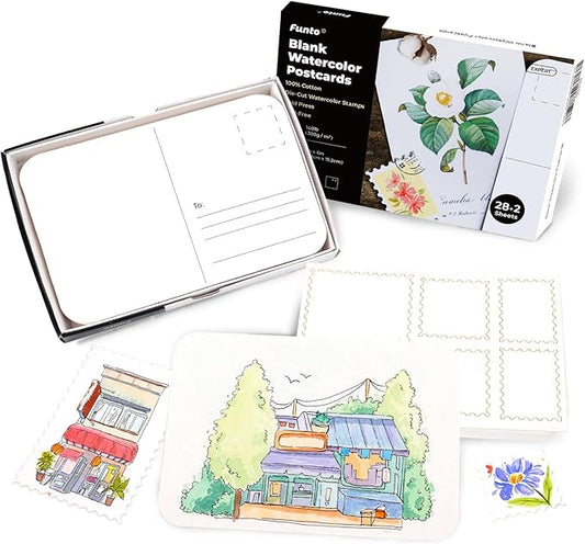 Funto Blank Watercolor Paper Postcards, 100% Cotton, 28 Cards+2 Watercolor Stamps, 4x6, 140lb/300gsm, Acid-Free Heavyweight for Thanks