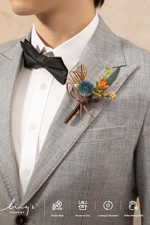 Ling's Moment Boutonniere for Men, 10pcs Groomsmen Guest Boutonniere, Artificial Flowers for Wedding Décor/Prom/Homecoming,etc.Dark Teal Orange