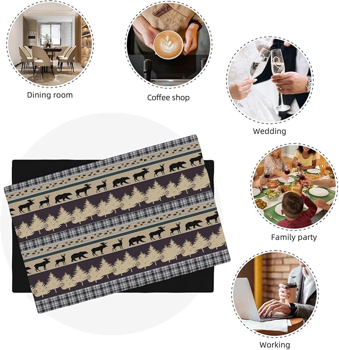 Rustic Deer Placemats Set of 4,Wild Bear Deer Paw Print Decor Kitchen Mats for Pattern Rustic Farmhouse Style Place Mats for Dining Table 12x18 Inch 4 PCS