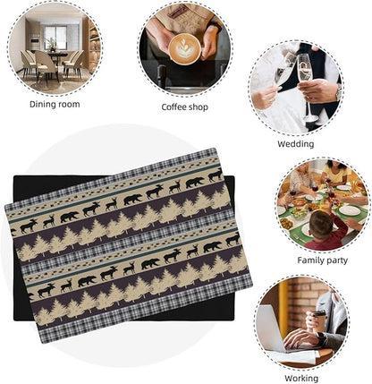 Rustic Deer Placemats Set of 4,Wild Bear Deer Paw Print Decor Kitchen Mats for Pattern Rustic Farmhouse Style Place Mats for Dining Table 12x18 Inch 4 PCS