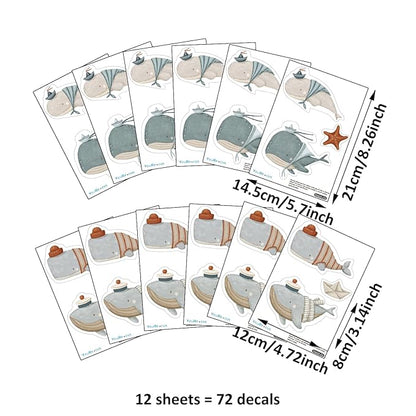Whale Wall Decals – 36 Decals, Ocean Theme Nursery Wall Stickers for Kids Room, Removable & Reusable Sea Animal Decor for Walls, Furniture, Doors, Glass (12 Sheets)