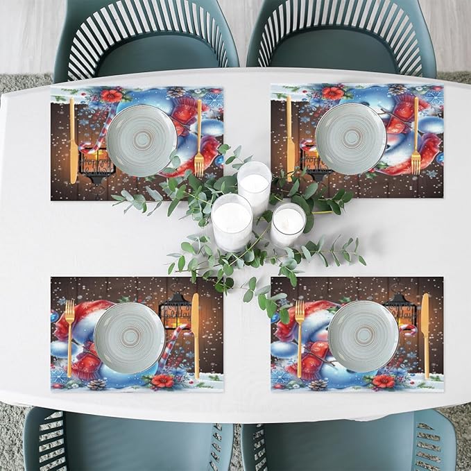 Christmas Art Snowman Snowflake Placemats Set of 1 PVC Vinyl Non Slip Table Mats Heat Resistant Place Mats Washable Wipeable Dining Table Mat for Kitchen Decor Party Indoor Outdoor Decorative Gift
