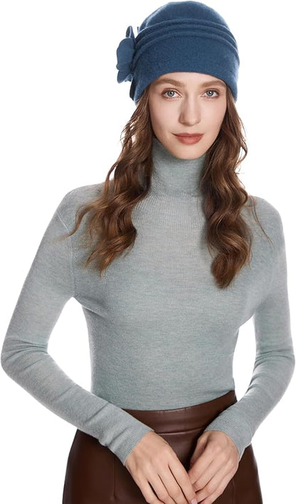ZLYC Women Wool Cloche Bucket Hat 1920s Vintage Dress Winter Hats with Flower Accent
