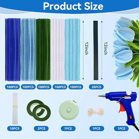 500 Pcs Pipe Cleaners for Crafts – 5 Coloars Chenille Stems with Glue Guns & Tape Measure – Perfect for DIY Projects, Holiday & Room Decorations, Arts and Crafts Activities (Blue, 12in x 8mm)