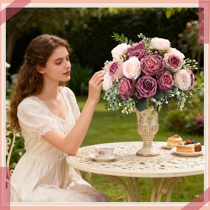 Geosar 24 Bundles Artificial Peonies Flowers Fake Silk Peony Bouquet Faux Peonies Flowers Bulk for Decoration Vase Floral Arrangements Wedding Party Table (Dusty Pink,Dusty Rose)