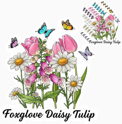 HANDICHI Design 5-Pack 6 Inch Foxglove Daisy Tulip Stickers – Floral Vinyl Decals, FDT Bumper Stickers, Waterproof Aesthetic Flower Sticker Pack for Laptops, Water Bottles, Journals
