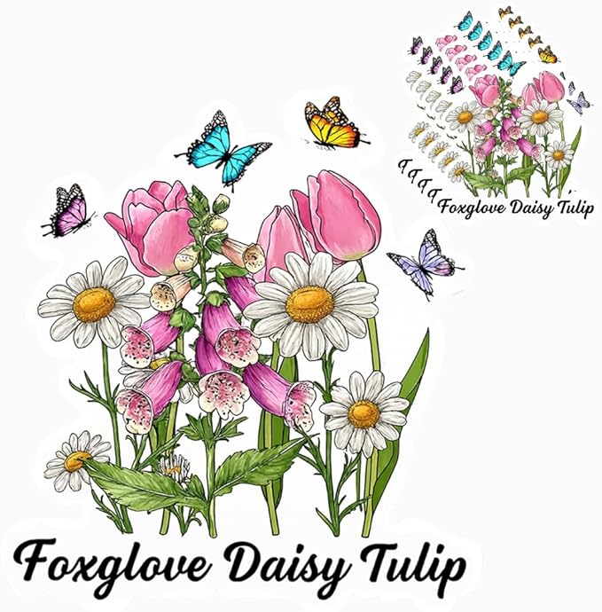 HANDICHI Design 5-Pack 5 Inch Foxglove Daisy Tulip Stickers – Floral Vinyl Decals, FDT Bumper Stickers, Waterproof Aesthetic Flower Sticker Pack for Laptops, Water Bottles, Journals